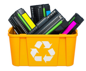 Used laser printer cartridges in recycling bin, 3D rendering isolated on white background